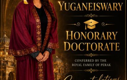கல்வி மற்றும் அழகியல் துறையில் சிறப்புமிக்க சேவைக்கு அரச மரியாதை டாக்டர் யுகனேஸ்வரிக்கு கௌரவ டாக்டர் பட்டம் வழங்கி பெருமைப்படுத்திய பேராக் அரச குடும்பம் கல்வி மற்றும் அழகியல் துறையில் சிறப்புமிக்க சேவைக்கு அரச மரியாதை டாக்டர் யுகனேஸ்வரிக்கு கௌரவ டாக்டர் பட்டம் வழங்கி பெருமைப்படுத்திய பேராக் அரச குடும்பம்